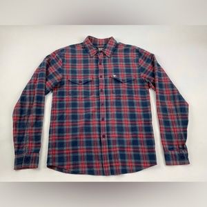 FALLEN Skate Flannel Plaid Long Sleeve Mens Button Up Shirt Sz SMALL Red Blue
